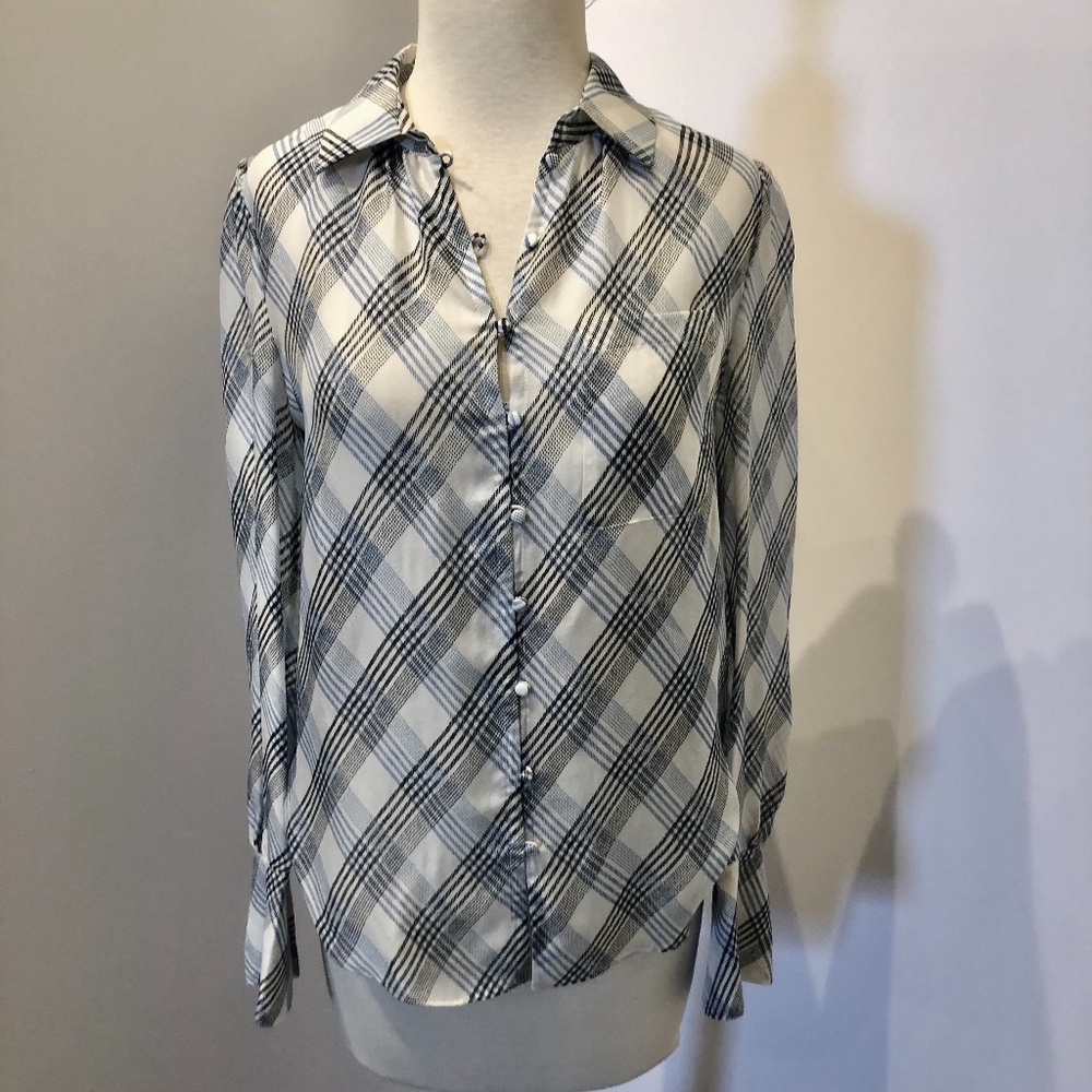 Joie Blue White Plaid Malcah Semi-sheer Silk Top - Picture 13 of 13